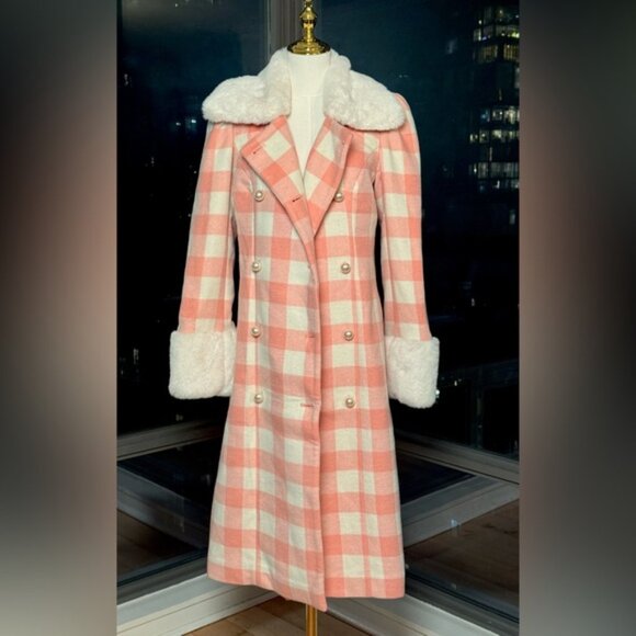 🆕 LOVESHACKFANCY 🧿 NWOT Sherry Plaid Faux Fur Coat, Crisp Peach, Sz S - Picture 12 of 15